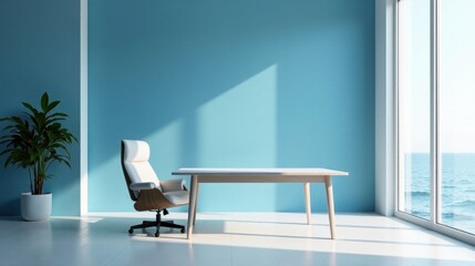 Serene coastal office space with minimalist design featuring a light wooden table and comfortable ergonomic chair near expansive ocean view window