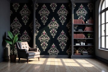 Elegant Interior Design Featuring a Luxurious Leather Armchair and Ornate Wallpaper in a Room with a Bookshelf