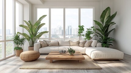 A modern living room with white walls and furniture, featuring large windows that allow an abundance of natural light to flood the space.