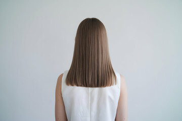 Obraz premium Back view of a person with brown hair, emphasizing simplicity and grooming