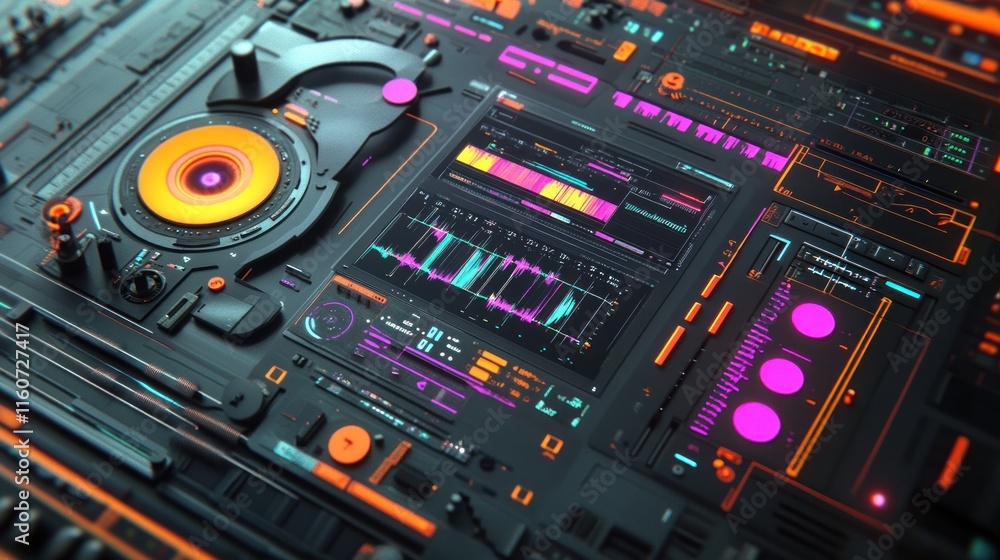 Aufkleber futuristic digital audio interface with glowing neon elements and data visualizations.