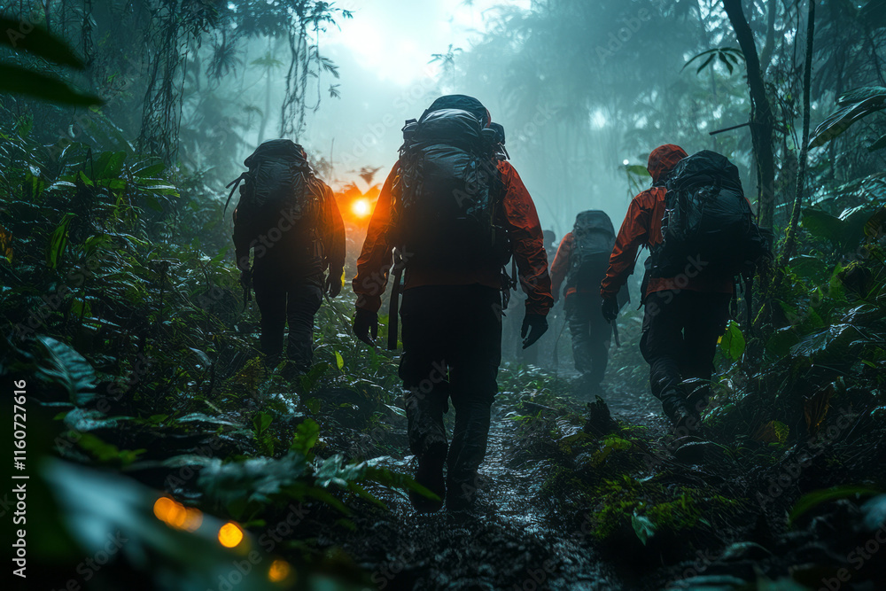 Poster a group of scientists exploring a dense jungle ecosystem,