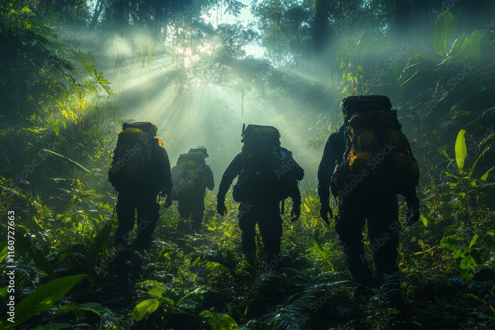 Poster A group of scientists exploring a dense jungle ecosystem,