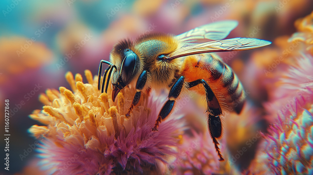 Poster a close-up of a honeybee collecting nectar from a flower,
