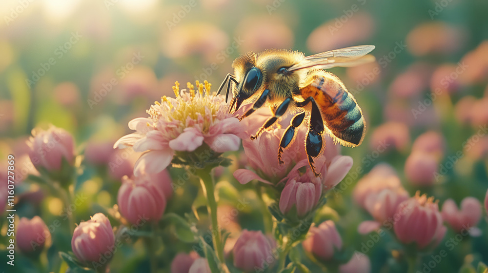 Poster a close-up of a honeybee collecting nectar from a flower,
