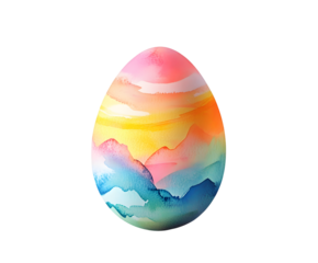 Easter egg painted with abstract watercolor designs on pure flat white background. PNG transparent.