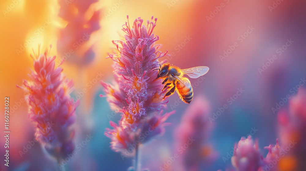 Poster a close-up of a honeybee collecting nectar from a flower,