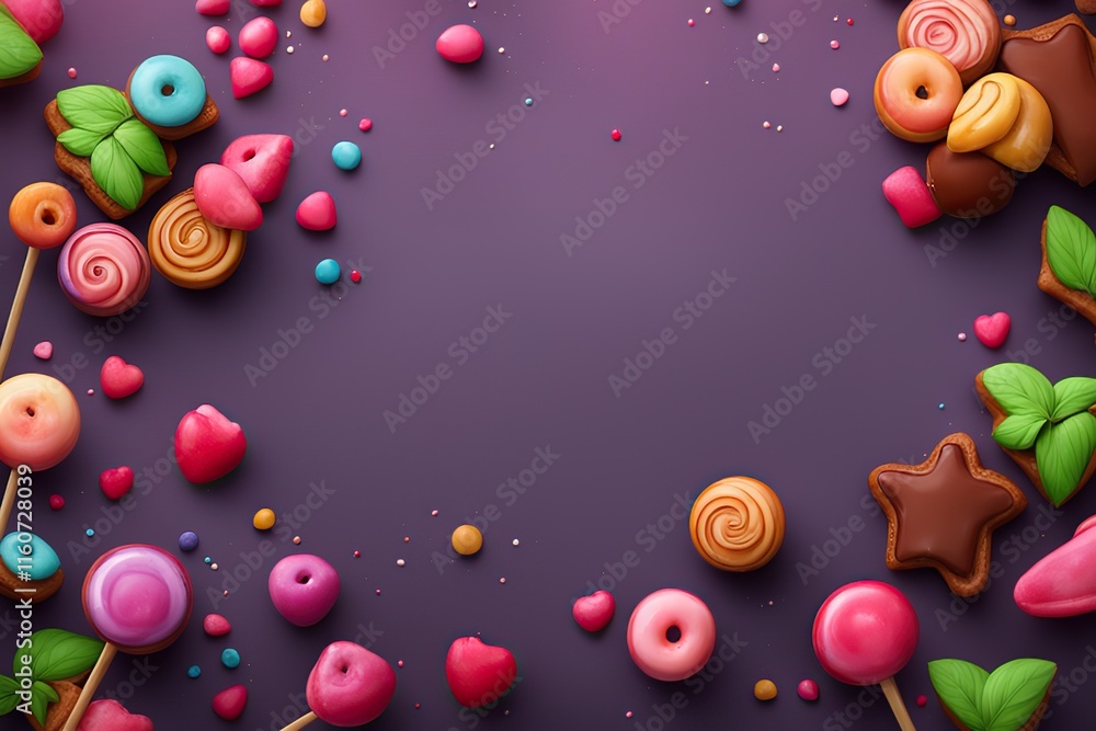 Poster candy background with colorful lollipops and candies and empty space for text