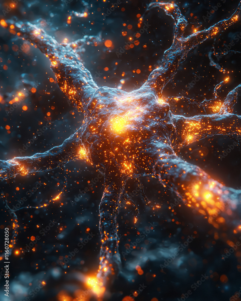 Poster a detailed image of a neuron with glowing synaptic connections,