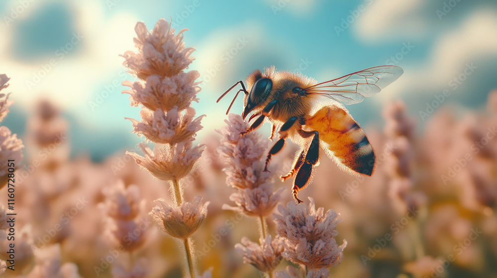 Poster a close-up of a honeybee collecting nectar from a flower,