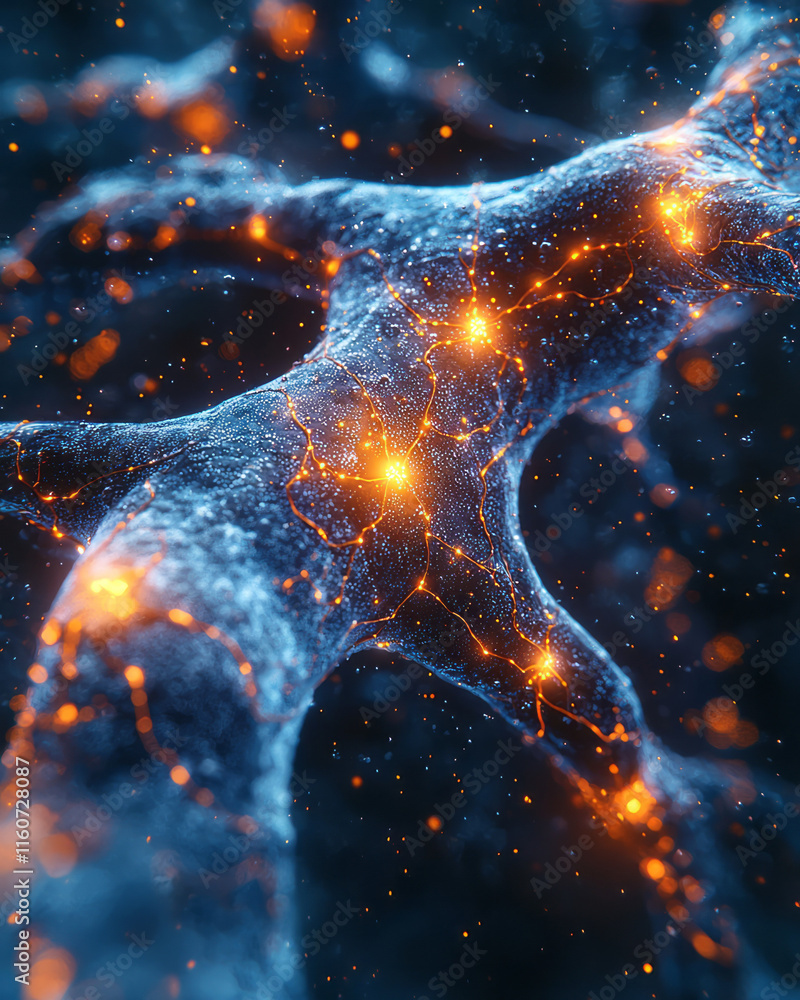 Poster a detailed image of a neuron with glowing synaptic connections,