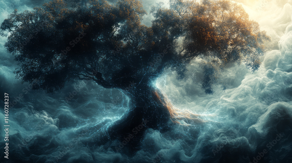 Leinwandbilder A surreal representation of a treeâ€™s root system merging with neural networks,