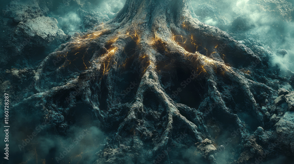 Poster a surreal representation of a treeâ€™s root system merging with neural networks,