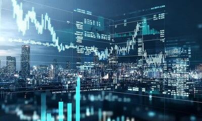 Night cityscape with superimposed stock market data graphs and numbers. - Powered by Adobe