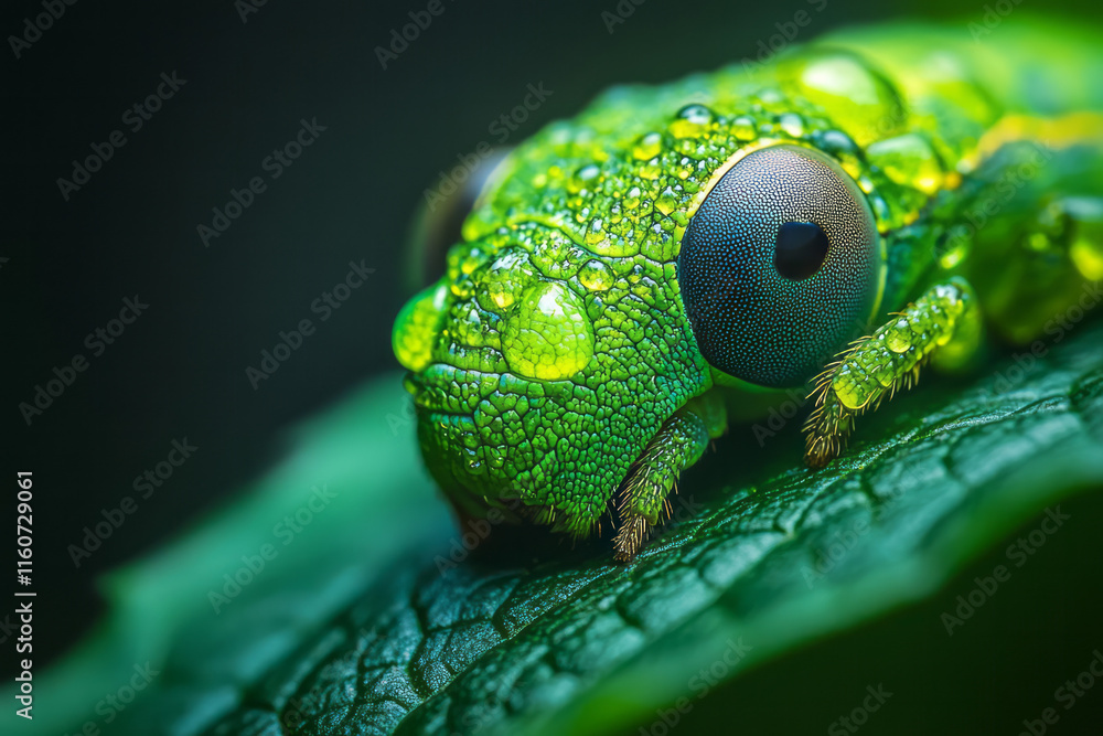 Wall mural A close-up of a caterpillar crawling on a bright green leaf,