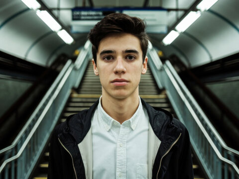 Un apuesto adolescente con cabello oscuro y ojos marrones se encuentra en las escaleras del metro
