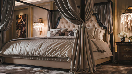 Four-Poster Bed with Taupe Bedding and Drapes in Luxurious Bedroom Setting