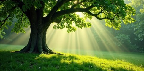 Majestic ancient tree bathed in the morning sunlight, casting long shadows on a vibrant green lawn, a serene and peaceful landscape.