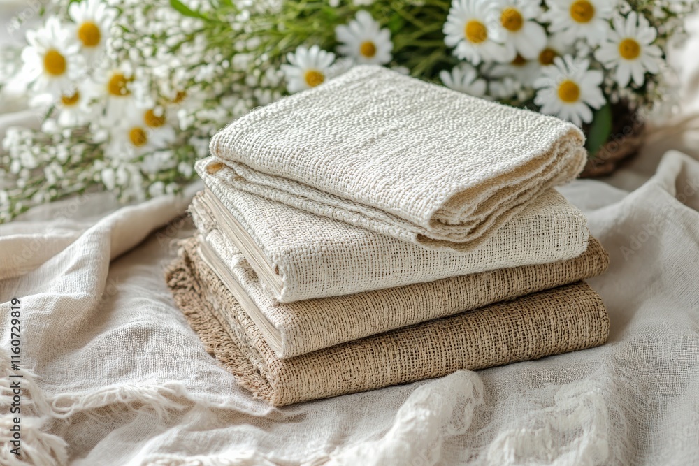 Poster textiles arranged on a soft fabric background with daisies in a natural setting