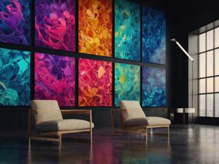 Asientos para presentaciones de conferencias en un colorido interior decorado con arte abstracto
