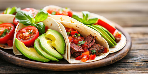 Delicious taco platter with beef, avocado, tomatoes, and fresh herbs