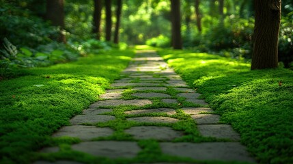 Naklejka premium Serene Mossy Pathway in a Lush Green Garden