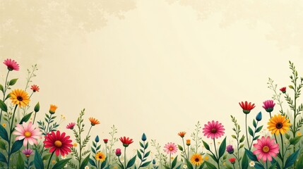 Vibrant Floral Border Design Featuring a Diverse Array of Blossoms on a Soft Beige Background, Ideal for Invitations, Cards, and Decorative Projects