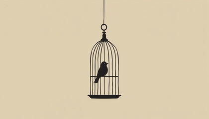 Black bird in elegant hanging cage