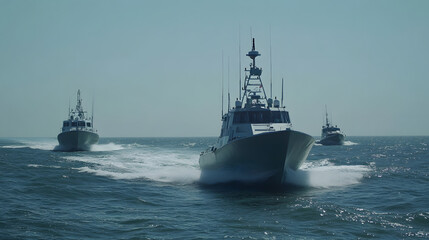 Obraz premium Naval patrol boats cruising through the open sea, maintaining security and vigilance in international waters, symbolizing maritime defense and global cooperation.