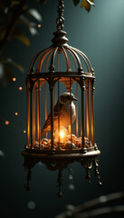 Obraz premium Candle in decorative birdcage with warm lighting