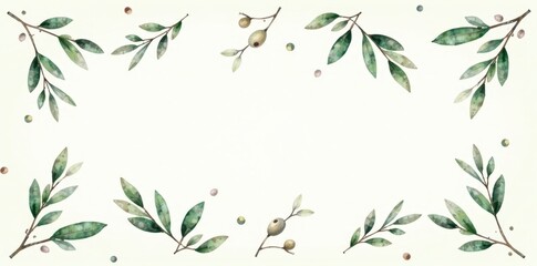 Elegant Watercolor Greenery Border Design Featuring Lush Foliage and Berries, Perfect for Invitations, Cards, and More