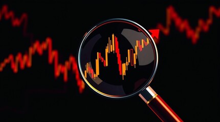 Fototapeta premium Magnifying glass showing stock market analysis with red and orange trends on black background
