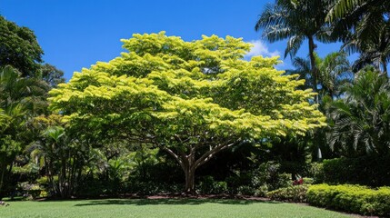Obraz premium Lush vibrant green tree in sunny garden.