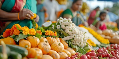 Pongal. A vibrant local market stall featuring fresh vegetables, marigold flowers, and tropical produce.