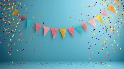 Festive birthday banner with colorful flags and falling confetti on a plain background