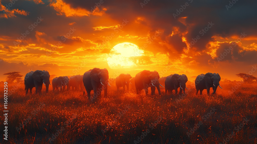 Wall mural A majestic herd of elephants crossing a vibrant savanna,