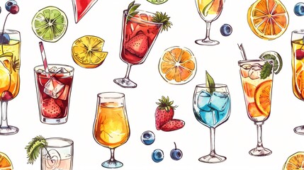 Vibrant Hand-Drawn Cocktails Seamless Pattern for Design Projects