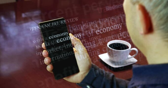 Economy business and finance articles is reading the on smartphone. Man read headline news across international media. Abstract concept of news titles on phone in hand.