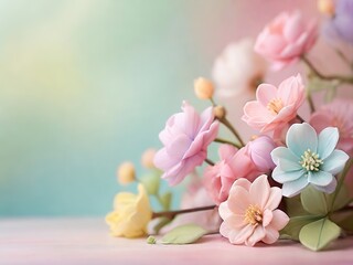 Colorful artificial flowers on pastel background, spring and summer concept