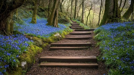 Wooden steps ascending through a bluebell-filled forest.