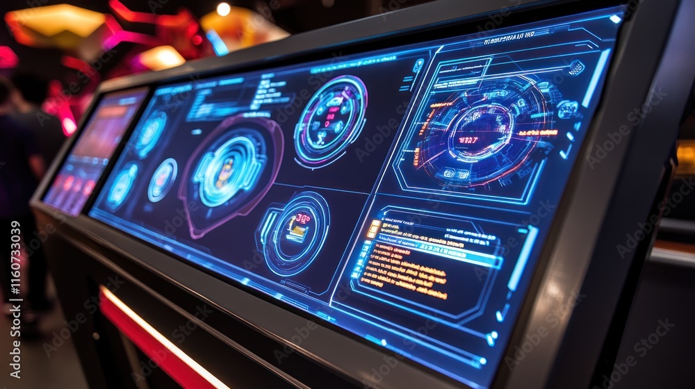 Poster futuristic interactive display with vibrant holographic interface showing data, graphs, and digital 