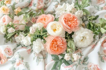 Obraz premium Romantic floral arrangement with colorful peonies and roses on soft fabric backdrop in natural light