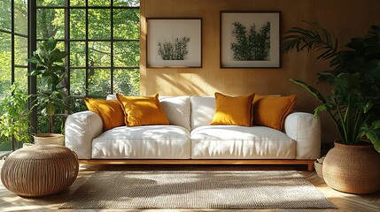 A couch sits in a sunlit living room with modern interior design, showcasing furniture, and feng shui principles