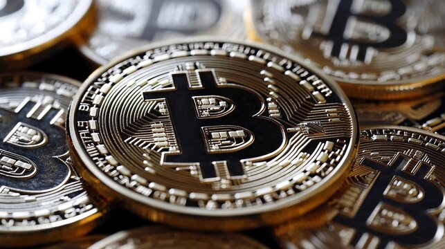 Close-up of multiple bitcoins.