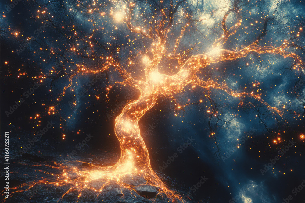 Poster a glowing tree with branches forming neural networks,