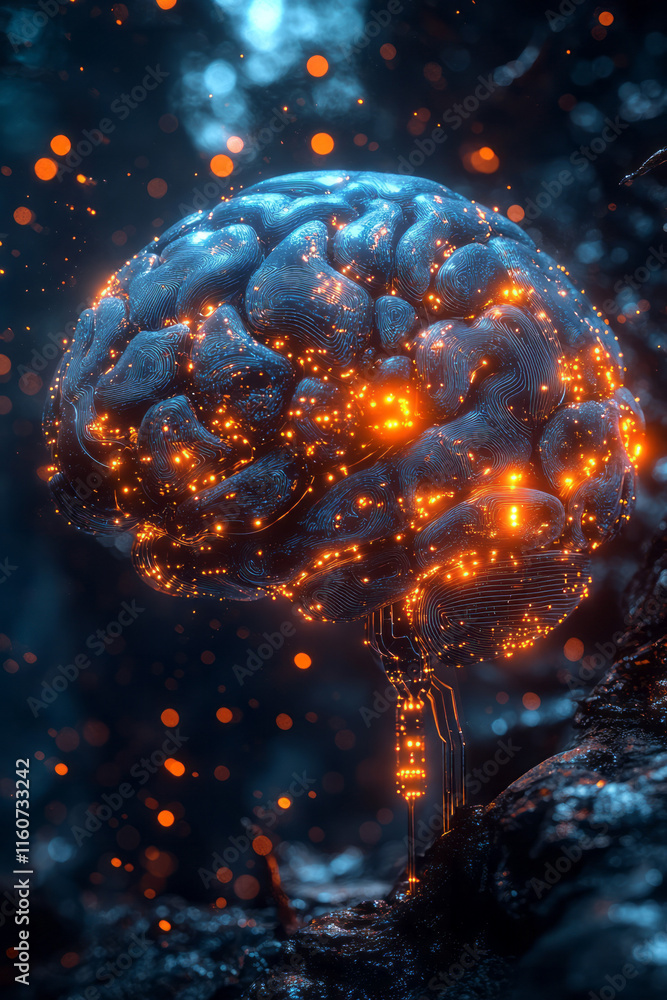Poster a digital brain floating in a futuristic space,