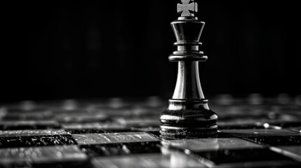 A close-up view of a black chess king piece positioned on a glossy chessboard with alternating light and dark squares