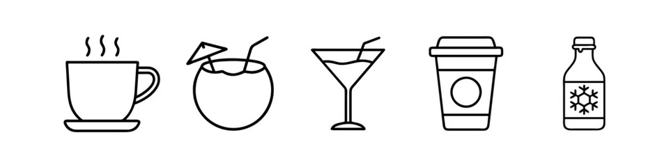 Line Icons of Drinks and Beverages - Minimalistic line icons showcasing a variety of drinks, including beer, cocktails, coffee, bubble tea, wine, and bottled beverages.