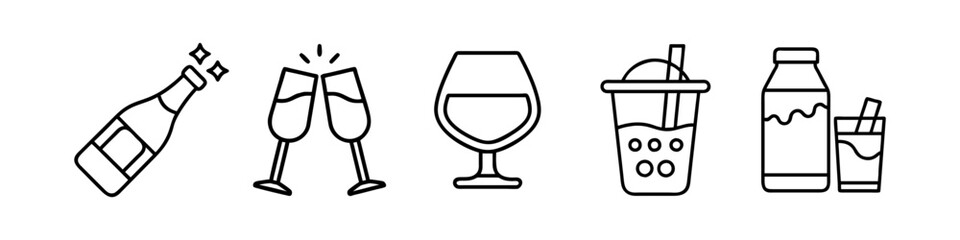 Line Icons of Drinks and Beverages - Minimalistic line icons showcasing a variety of drinks, including beer, cocktails, coffee, bubble tea, wine, and bottled beverages.