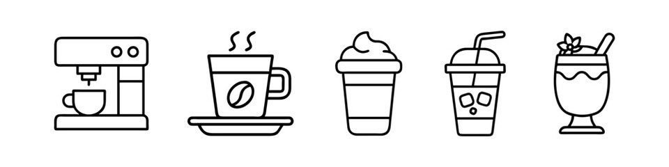 Line Icons of Drinks and Beverages - Minimalistic line icons showcasing a variety of drinks, including beer, cocktails, coffee, bubble tea, wine, and bottled beverages.